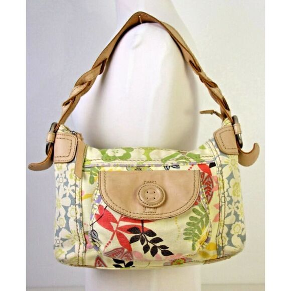 ROOMY FOSSIL FLORAL CANVAS GENUINE LEATHER TOTE HOBO SHOULDER BAG HANDBAG PURSE - Picture 2 of 9